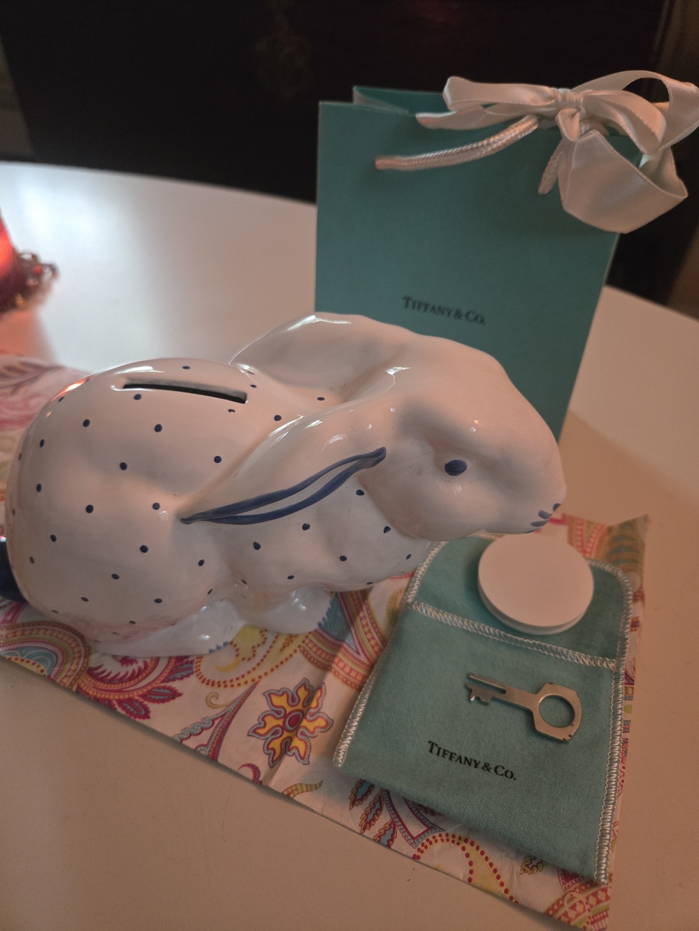 Tiffany & Co. White Bunny Ceramic Coin Bank with Blue Accents